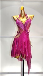 Sexy & Fun Pink And Gold Breaded Net  Fringe Latin Dress