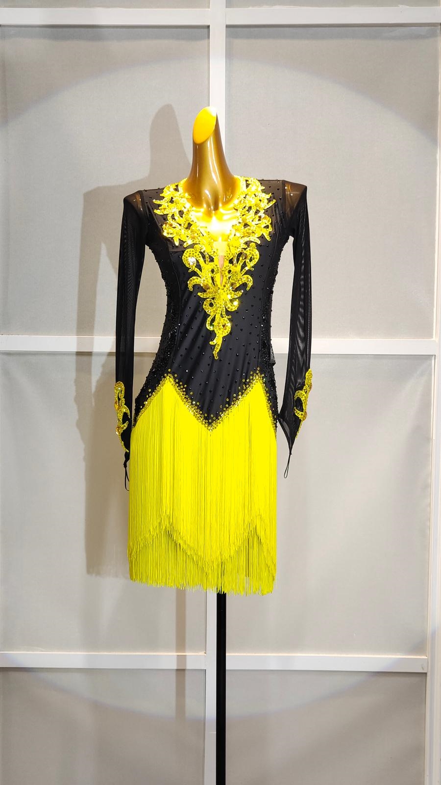 Sexy & Fun Yellow And Black Breaded Fringe Latin Dress