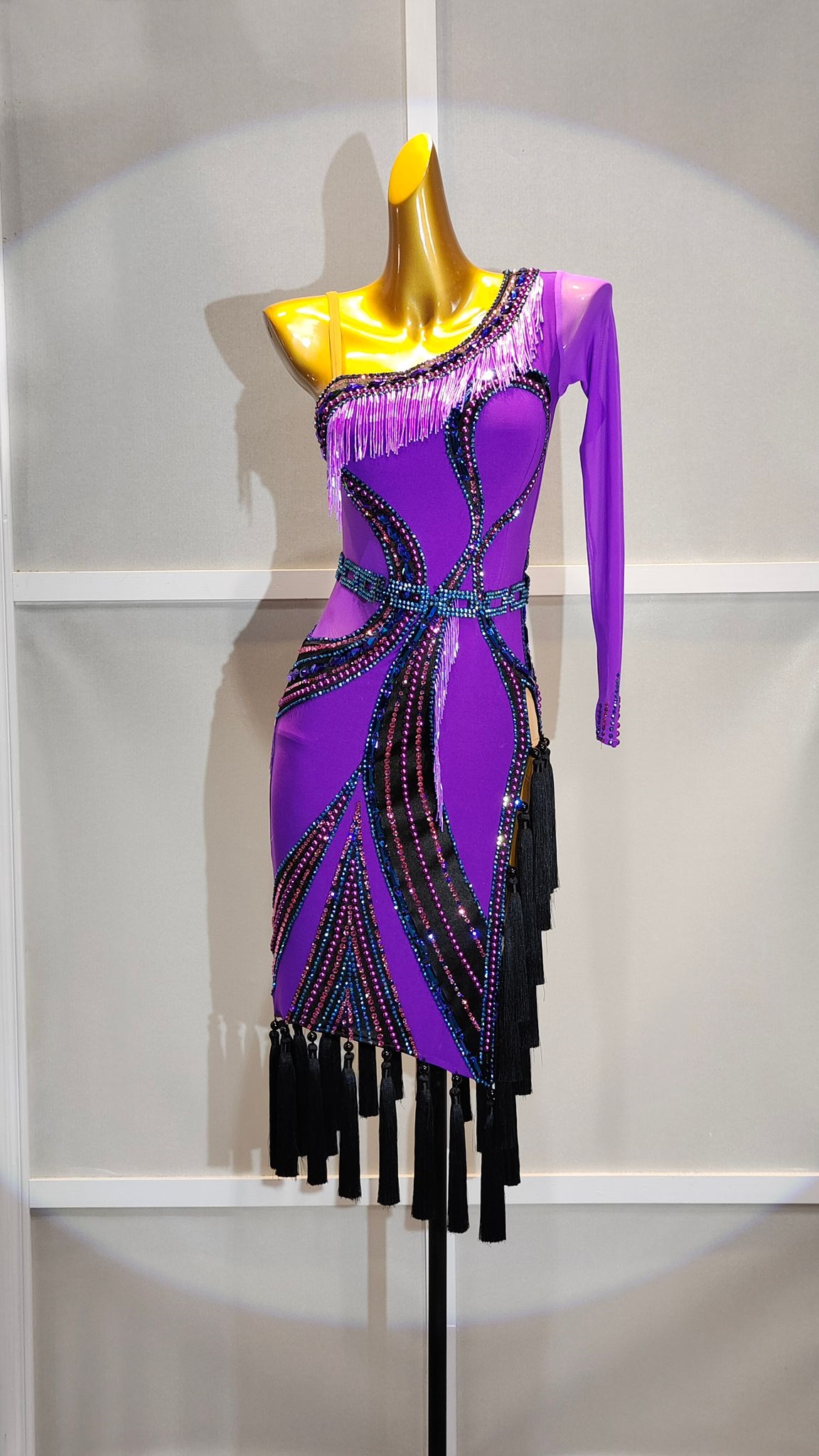 Sexy & Fun Purple And Black  Breaded Fringe  Latin Dress