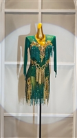 Sexy & Fun Green And Gold Breaded Fringe  Latin Dress