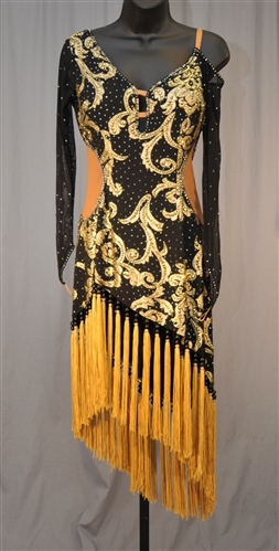 Elegant Black & Gold Fringe Latin Dress
