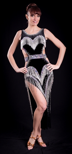 Sexy Black Velvet with Silver Beaded Fringe Latin Dress