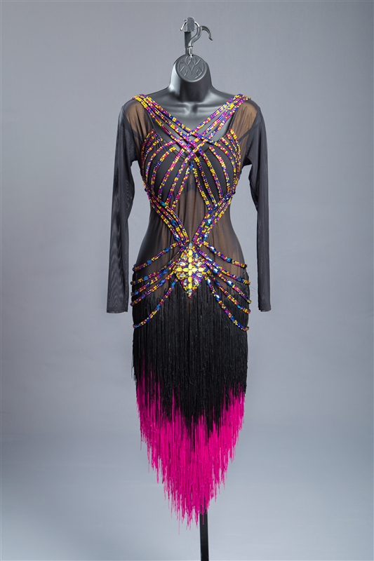 Elegant & Fun Black Fuchsia Fringe Latin Dress