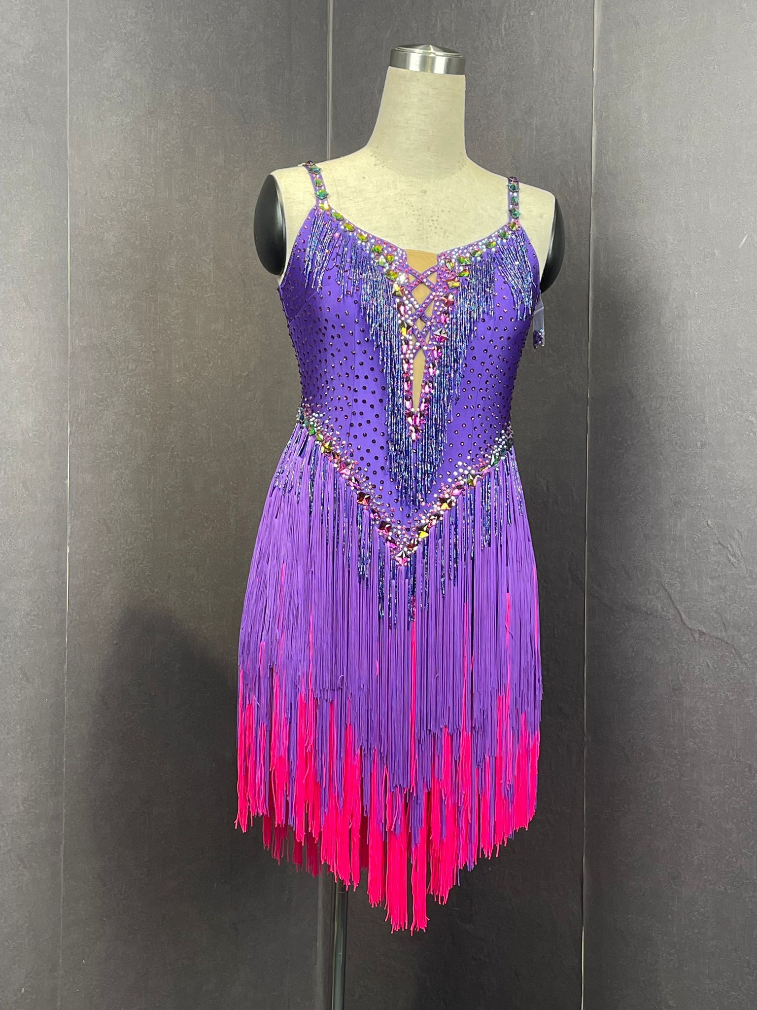 Sexy & Fun  Purple  And Pink Breaded  Fringe Latin Dress