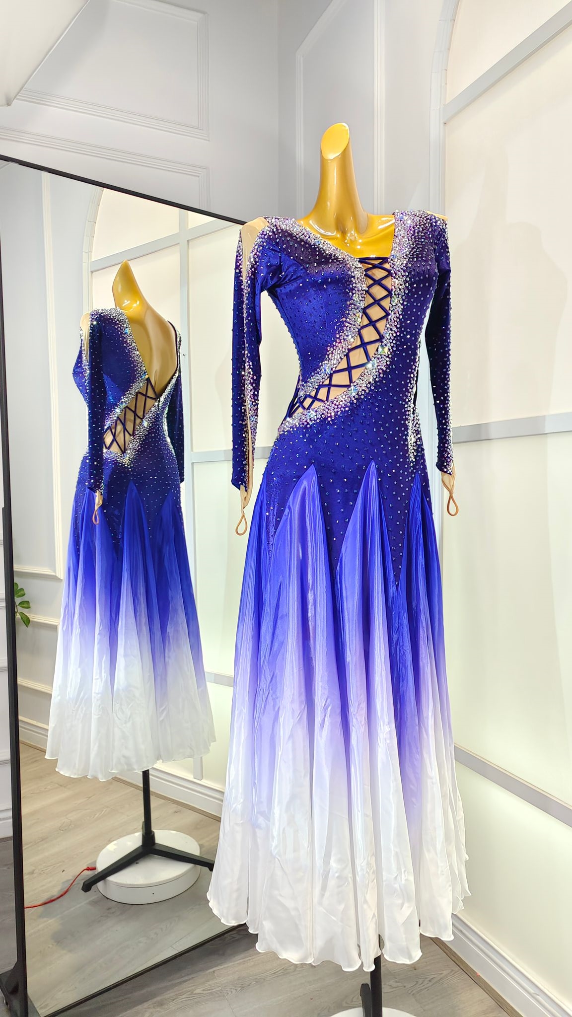 Elegant Navy Blue Gradient Beaded And Net Dress