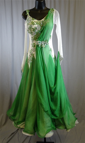 Elegant White & Green Long Mesh Sleeves Ballroom Dress