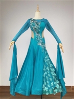 Elegant Cyan Beaded and Flower Ballroom Dress